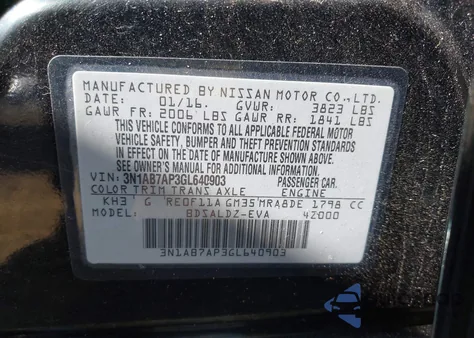 2016 Nissan Sentra Fe+ S/S/Sl/Sr/Sv z USA, uszkodzony, nr VIN 3N1AB7AP3GL640903